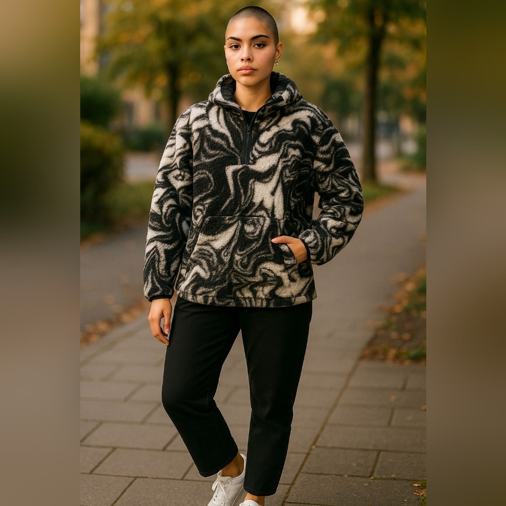SO Oversized Monochrome Fleece Jacket With Swirl Pattern